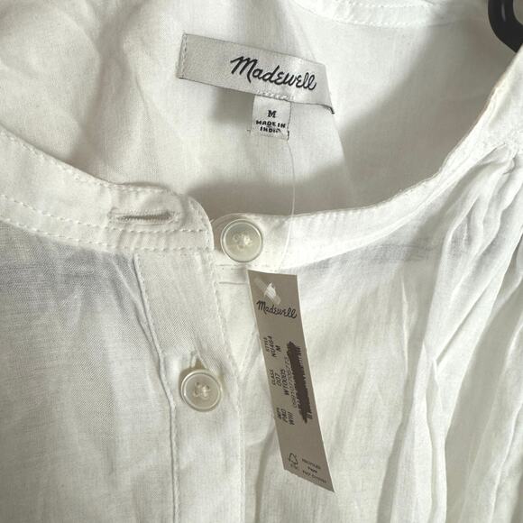 Madewell Shirred Balloon Sleeve Crewneck Button-Up Top WMNS M White Lightweight - Picture 8 of 8
